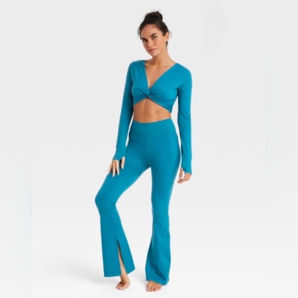 Women's High Waist Textured Flare Leggings - JoyLab - Lagoon Blue, Sz XS